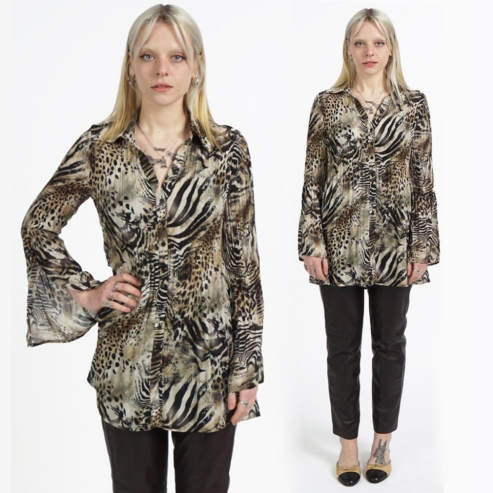 Y2K Cheetah Leopard Buttoned Pleated Plisse Flared Sleeve Blouse